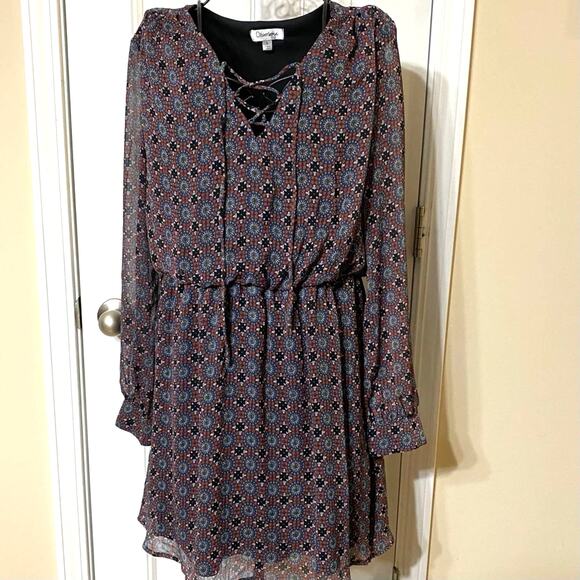 OLSENBOYE Dress Size Large Blue  Red Geometric Print V-Neck Long Sleeve Lined - Picture 11 of 11